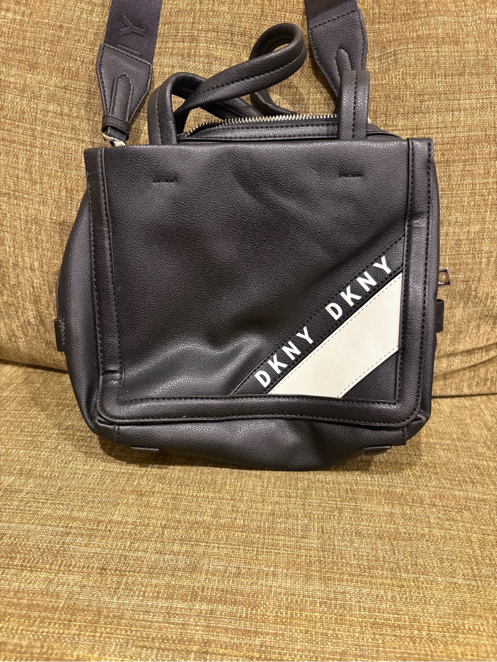 DKNY Black Messenger Bag with White Diagonal Accent